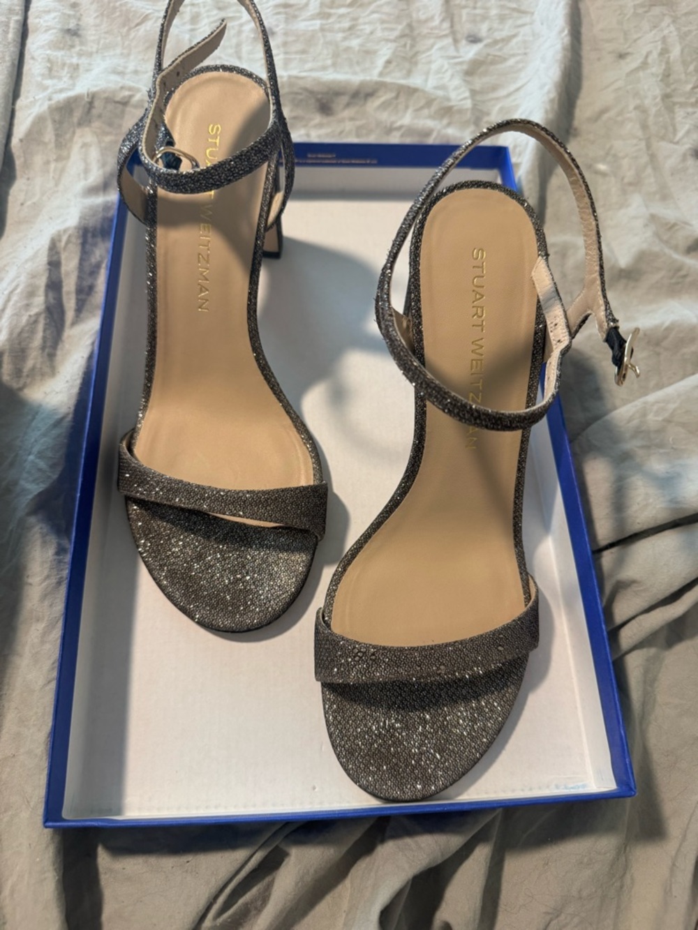 Stuart Weitzman Glitter Ankle-Strap Sandals in Brown size 9